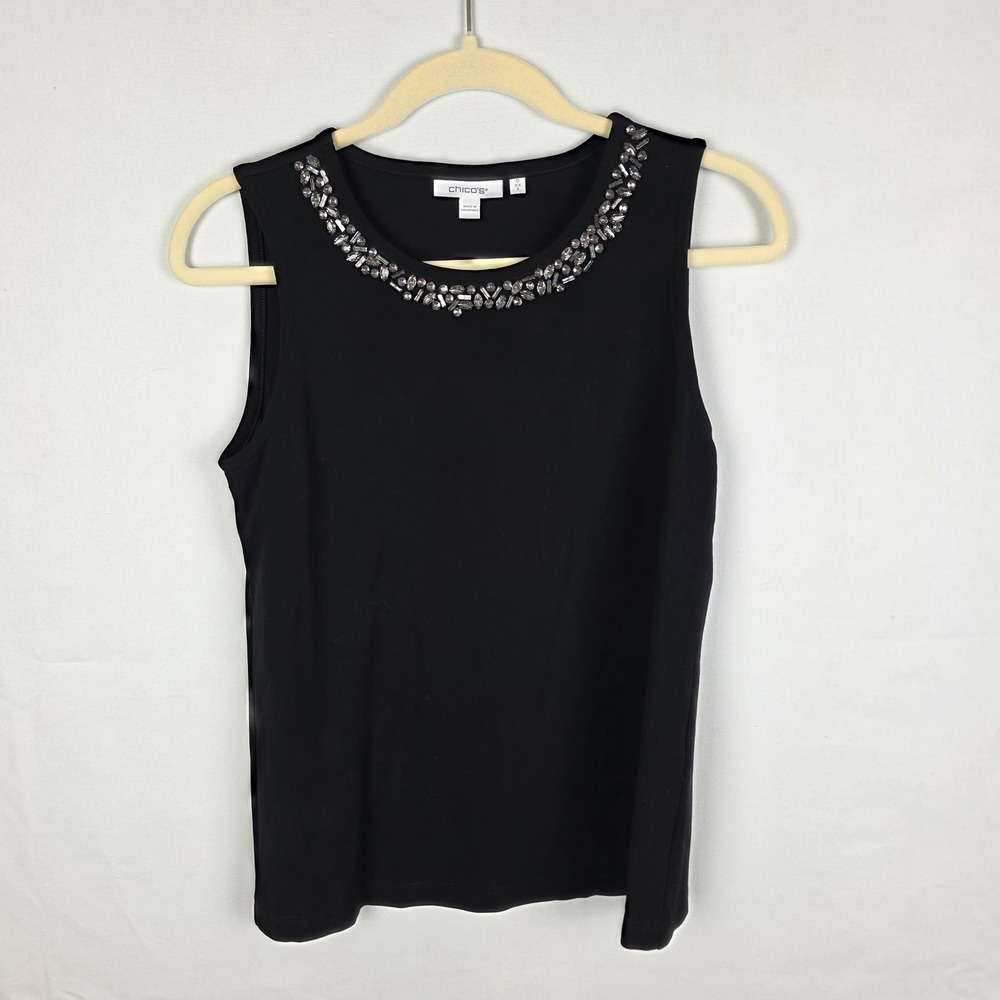 Chico's Black Embellished Rhinestone Neckline Sleeveless Tank Top Size 0 Small